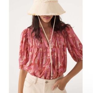 Ba&sh US 8 L Teodor Blouse Pink Abstract Watercolor Relaxed V Neck Boho Preppy